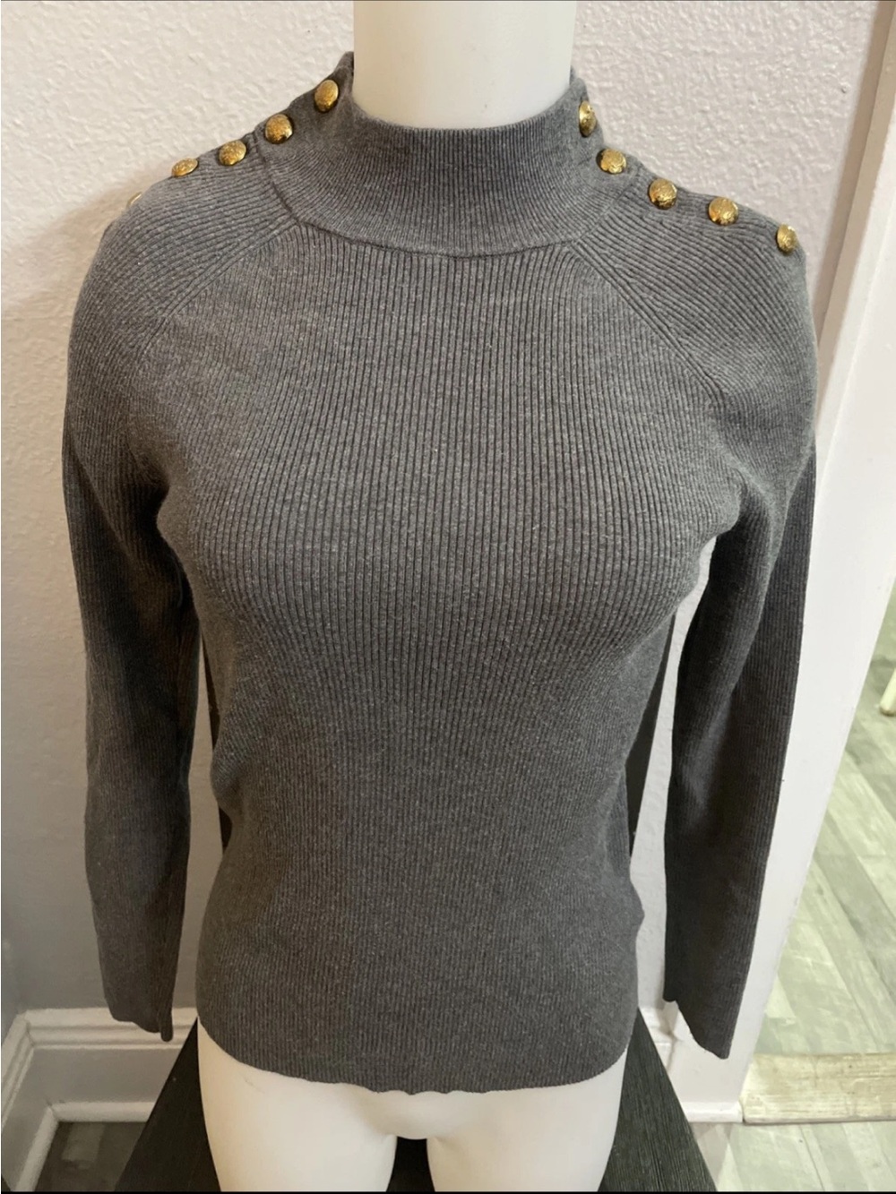 Ralph Lauren Gray Ribbed Sweater with Gold Button Detail NWT